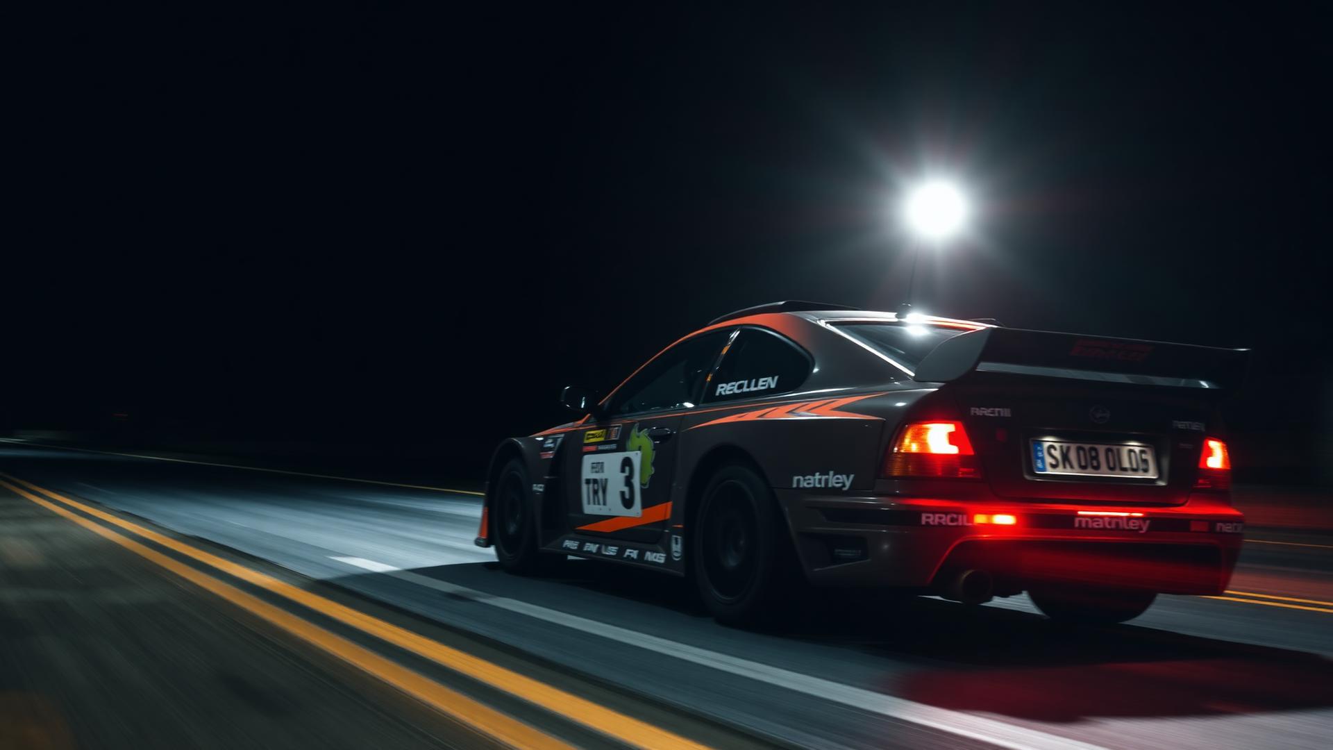 Véhicule de compétition lancé à pleine vitesse de nuit